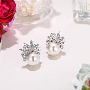Never Worn Crystal And Pearl Floral Stud Earrings